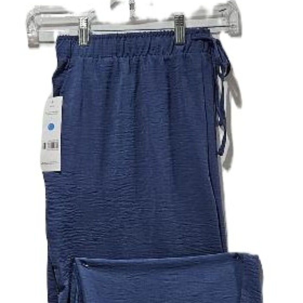 New BLUE LOOSE FIT DRAWSTRING PULL ON POLYESTER CRINKLE DRESS PANTS 2X -3X